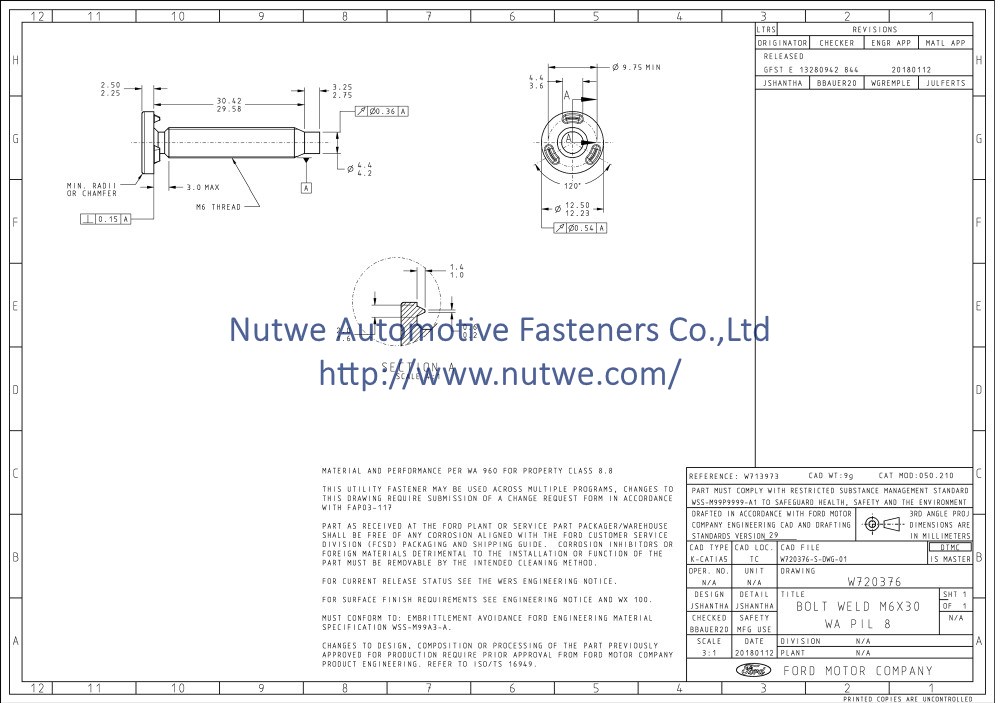 Ford W720376 焊接螺丝 图纸和技术参数