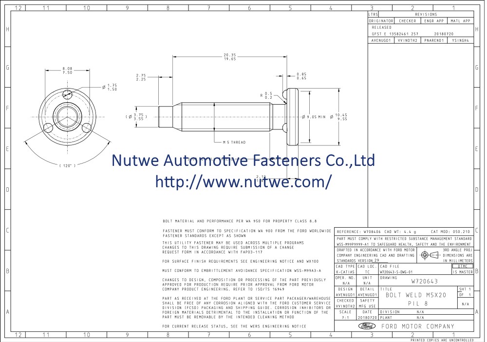 Ford W720643 Projection Weld Screws Engineer Drawing and Technical Data Sheet