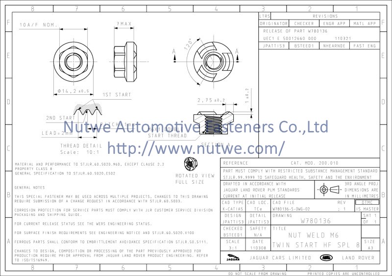 W780136 Hexagon Flange Weld Nuts Engineer Drawing and Technical Data Sheet