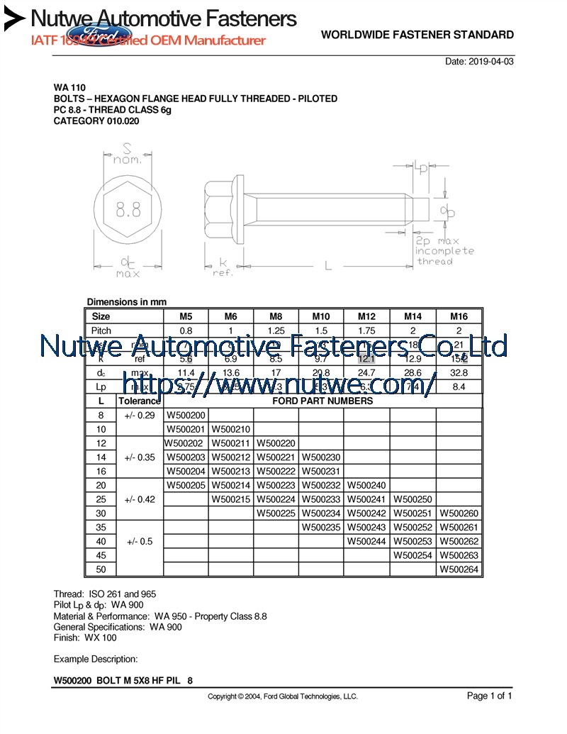 Ford W500202 Hexagon Flange Bolts Engineer Drawing and Technical Data Sheet