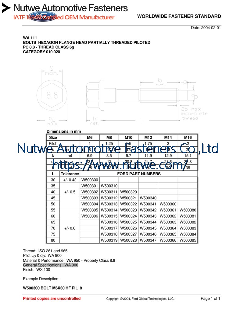 Ford W500321 六角法兰螺栓 图纸和技术参数