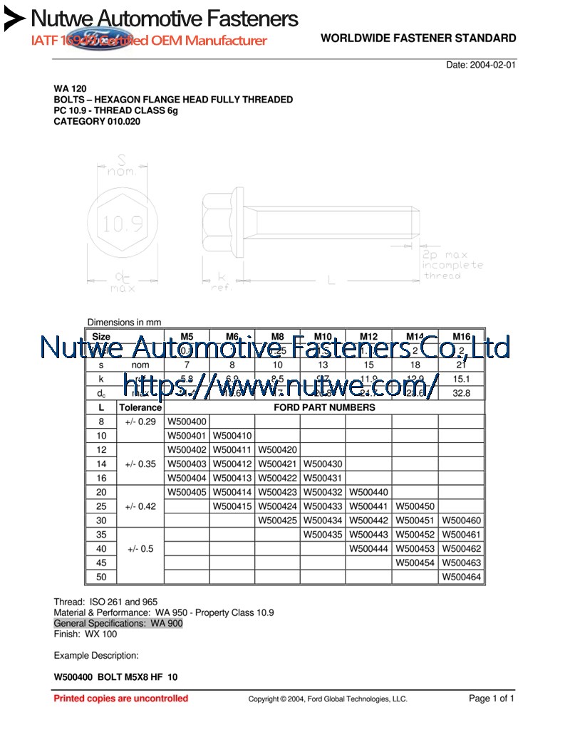 Ford W500425 六角法兰螺栓 图纸和技术参数