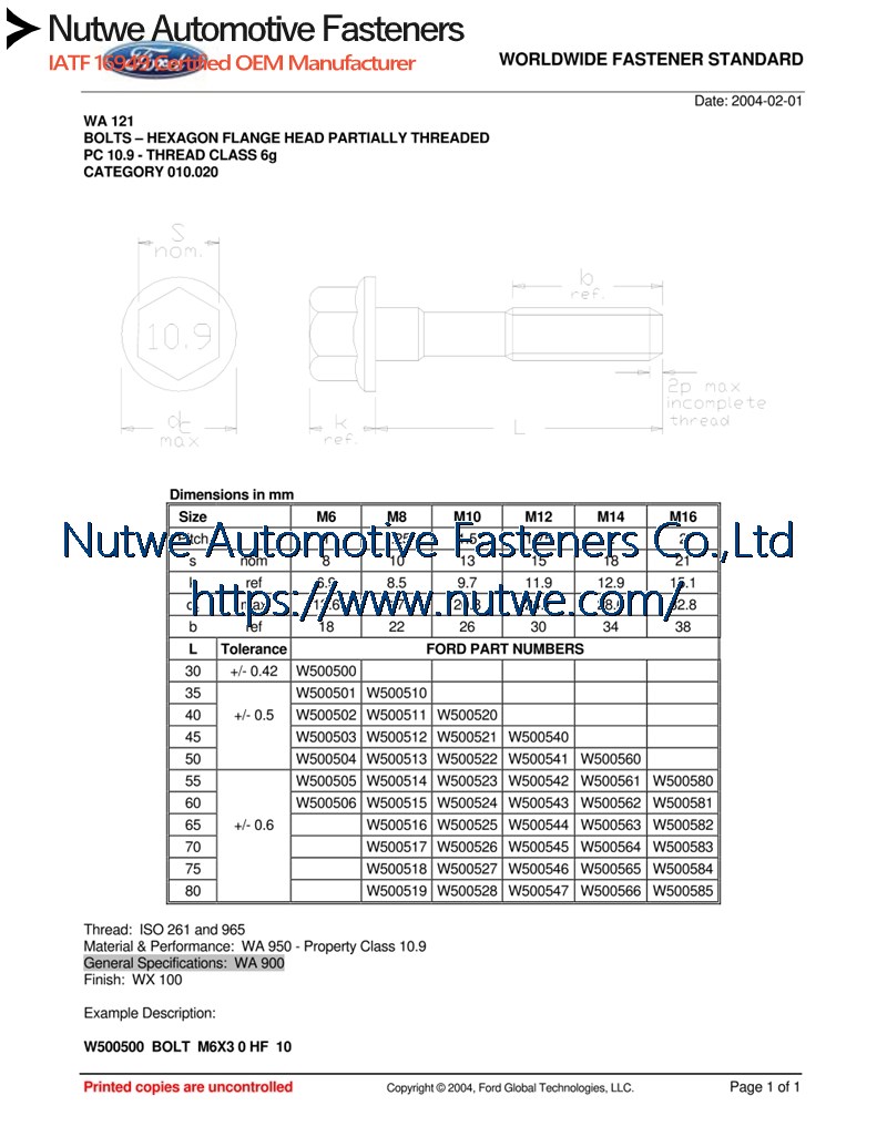 Ford W500527 六角法兰螺栓 图纸和技术参数