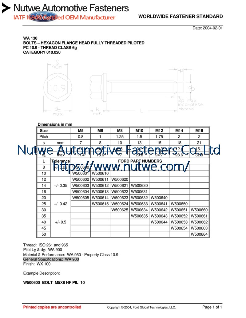 Ford W500621 六角法兰螺栓 图纸和技术参数