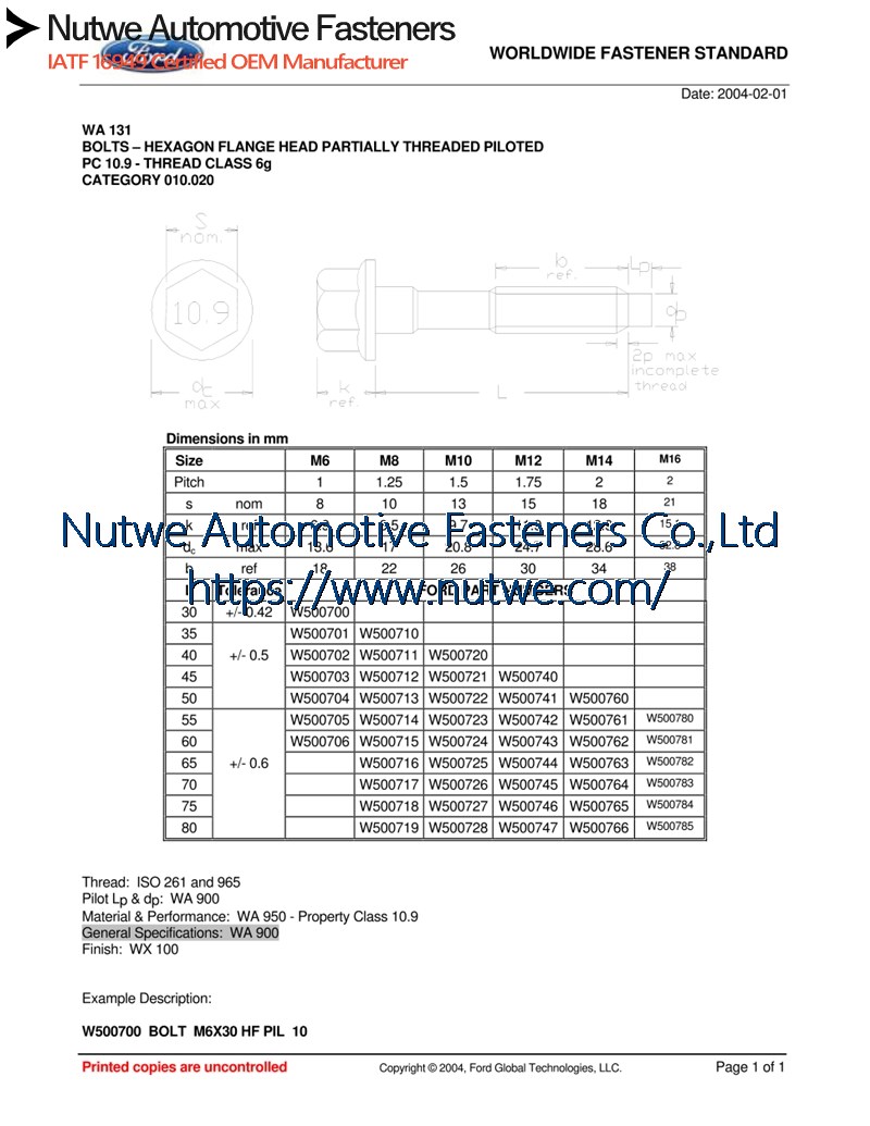 Ford W500762 六角法兰螺栓 图纸和技术参数