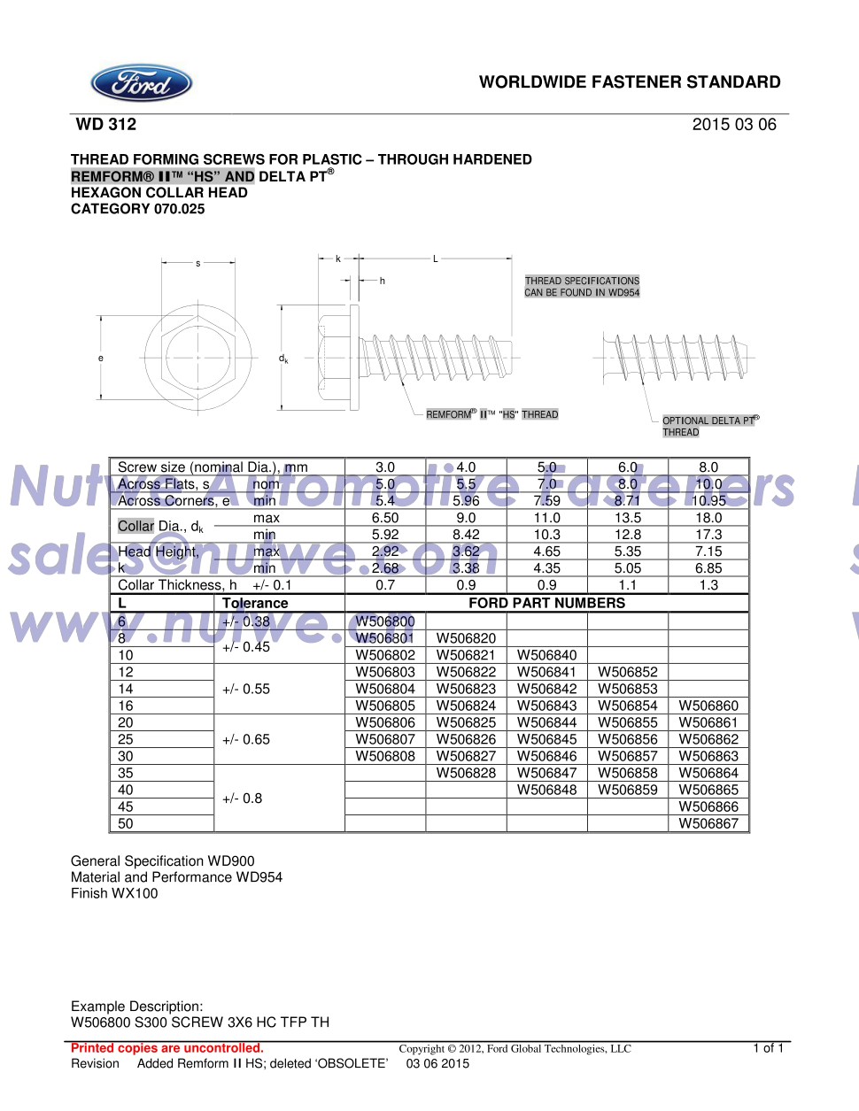 Ford W506806 六角头带垫自攻锁紧螺钉 图纸和技术参数