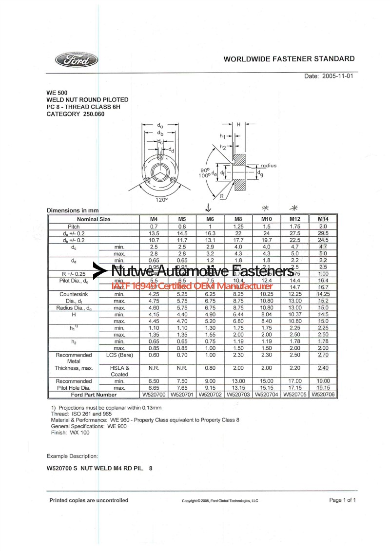 Ford WE500 W520706 Engineer Drawing and Technical Data Sheet