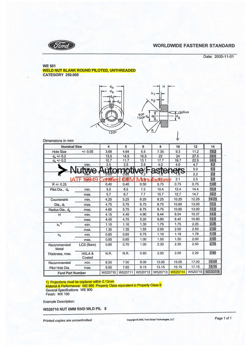 Ford WE501 W520710 Engineer Drawing and Technical Data Sheet