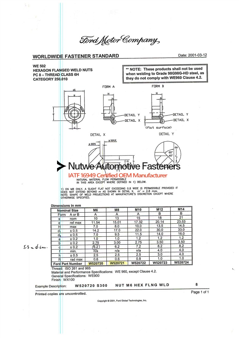 Ford WE502 Engineer Drawing and Technical Data Sheet