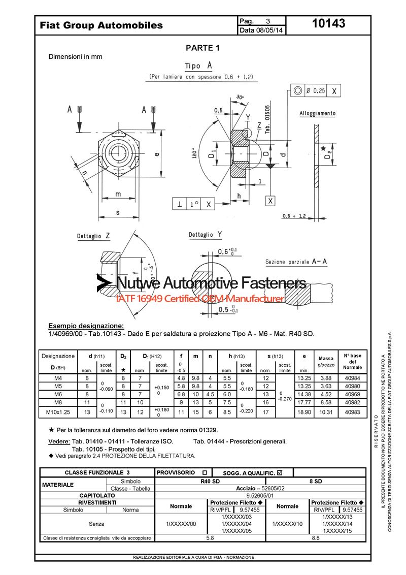 Fiat 40983 Hexagon Weld Nuts Engineer Drawing and Technical Data Sheet