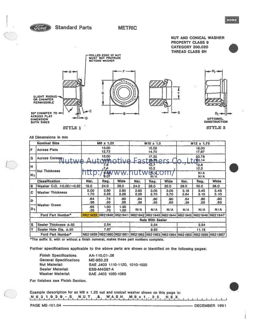 Ford N621939 Hexagon Nuts With Conical Washer Engineer Drawing and Technical Data Sheet