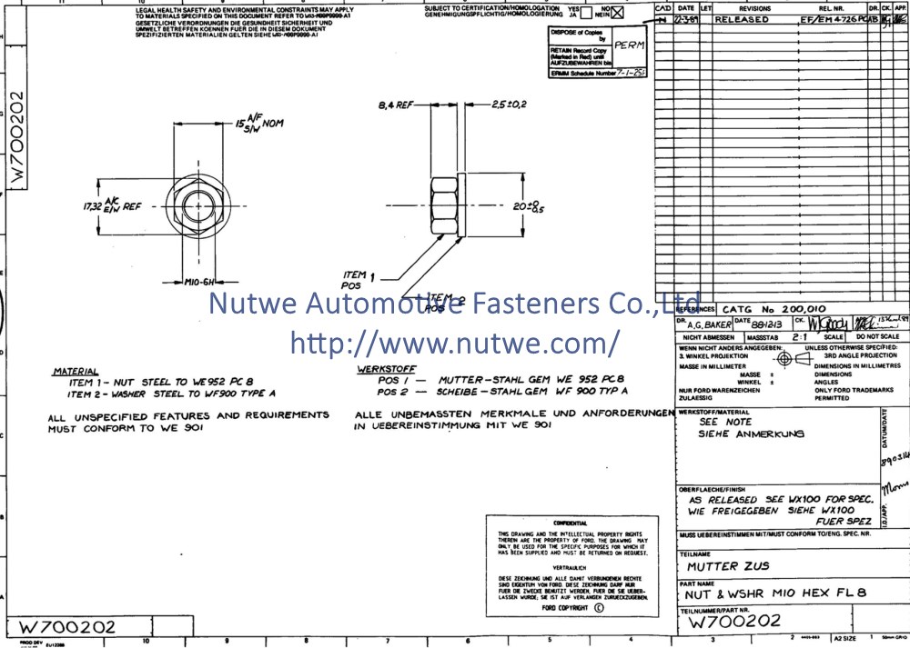 Ford W700202 Hexagon Nuts With Conical Washer Engineer Drawing and Technical Data Sheet