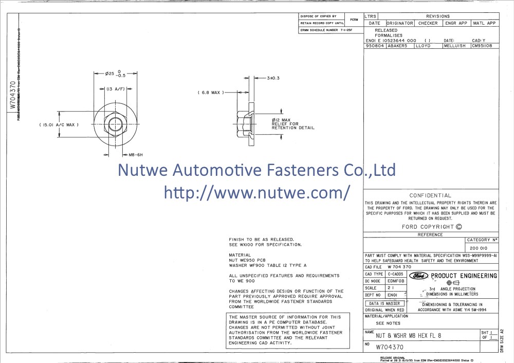 Ford W704370 Hexagon Nuts With Conical Washer Engineer Drawing and Technical Data Sheet