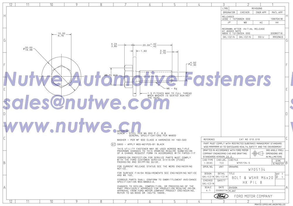 Ford W705134 六角螺栓与垫圈组合件 图纸和技术参数