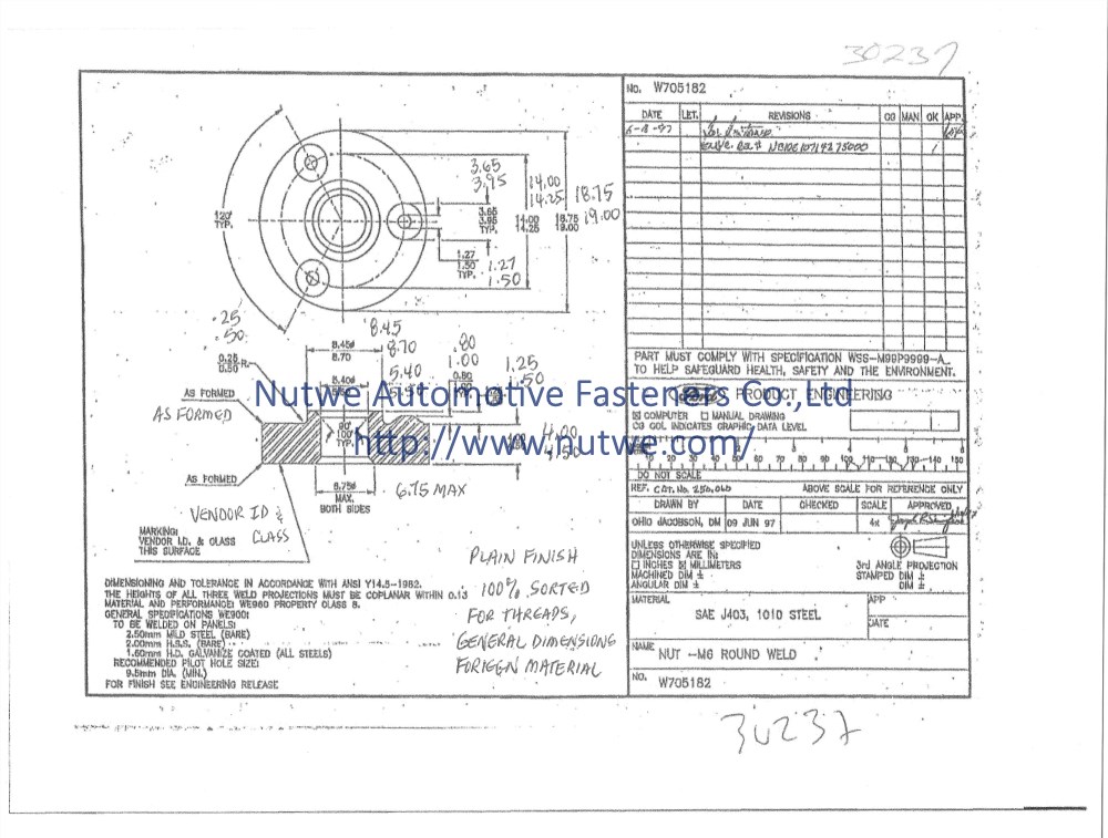 Ford W705182 Round Weld Nuts Engineer Drawing and Technical Data Sheet