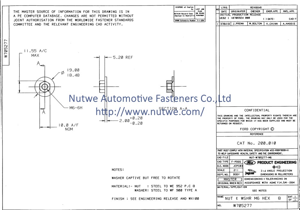 Ford W705277 Hexagon Nuts With Conical Washer Engineer Drawing and Technical Data Sheet