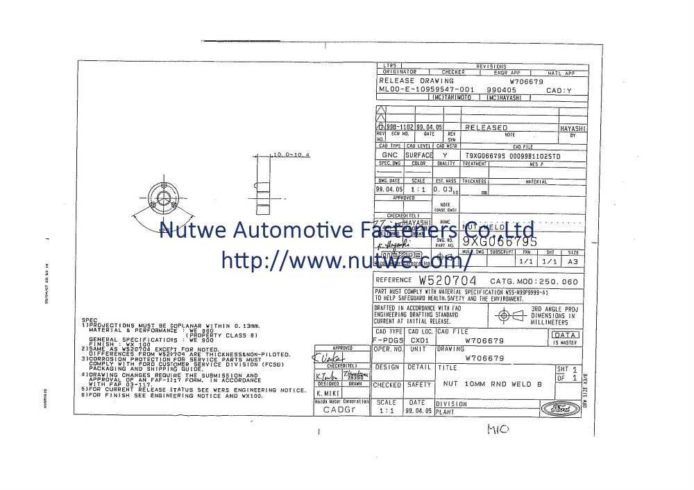 Ford W706679 Round Weld Nuts Engineer Drawing and Technical Data Sheet