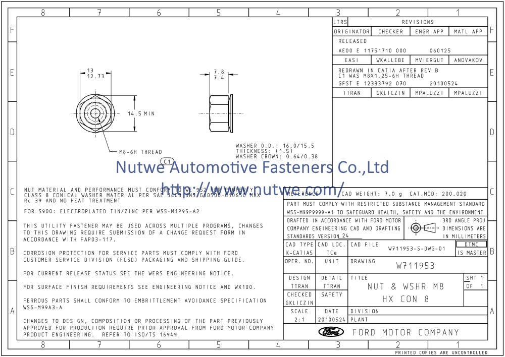 Ford W711953 六角螺母和锥形垫圈组合件 图纸和技术参数