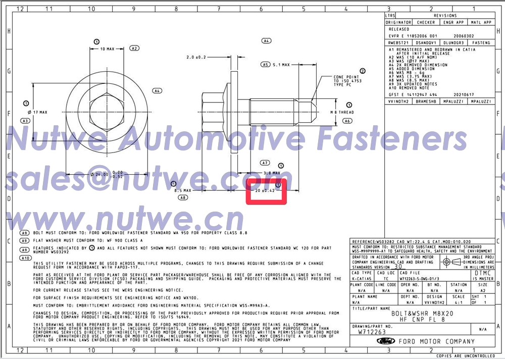 Ford W712263-S442 Hex Flange Bolts With Washer Assembly Engineer Drawing and Technical Data Sheet