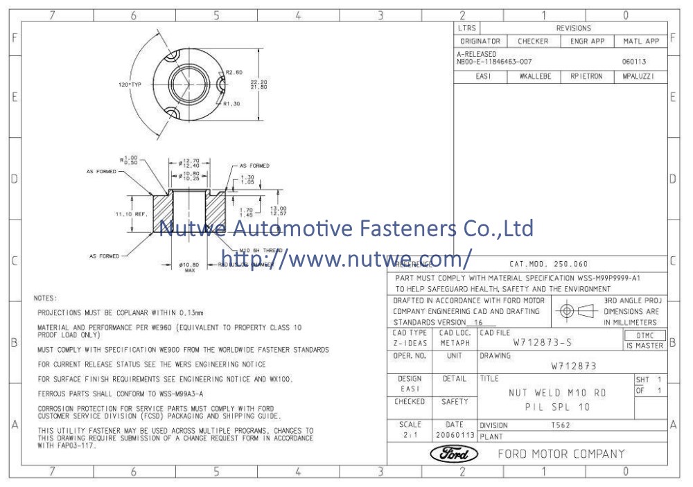 Ford W712873 Round Weld Nuts Engineer Drawing and Technical Data Sheet