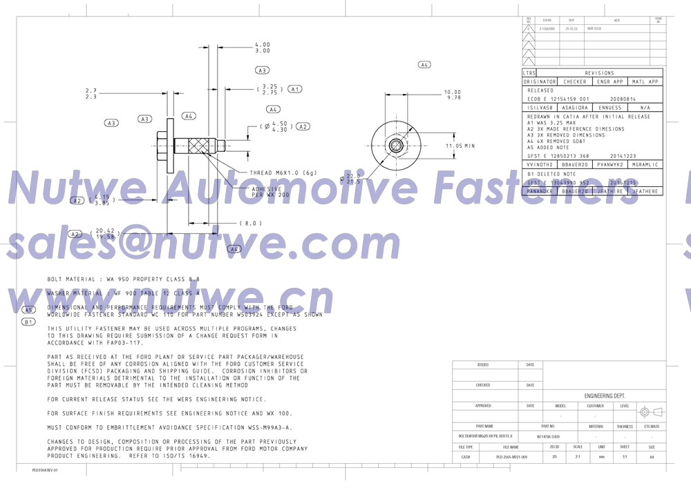 Ford W714786 Hex Bolt With Washer Assembly Engineer Drawing and Technical Data Sheet