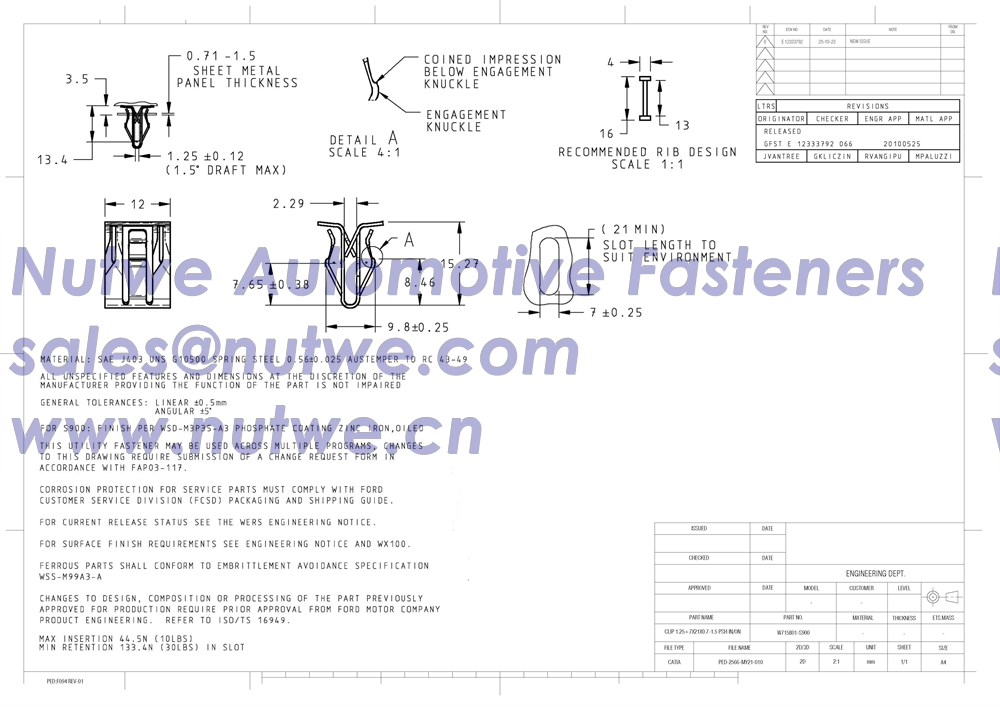 Ford W715801 Bumper Grille Clip Engineer Drawing and Technical Data Sheet