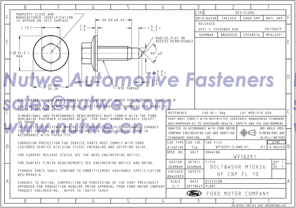 Ford W716291 六角法兰螺栓与垫圈组合件 图纸和技术参数