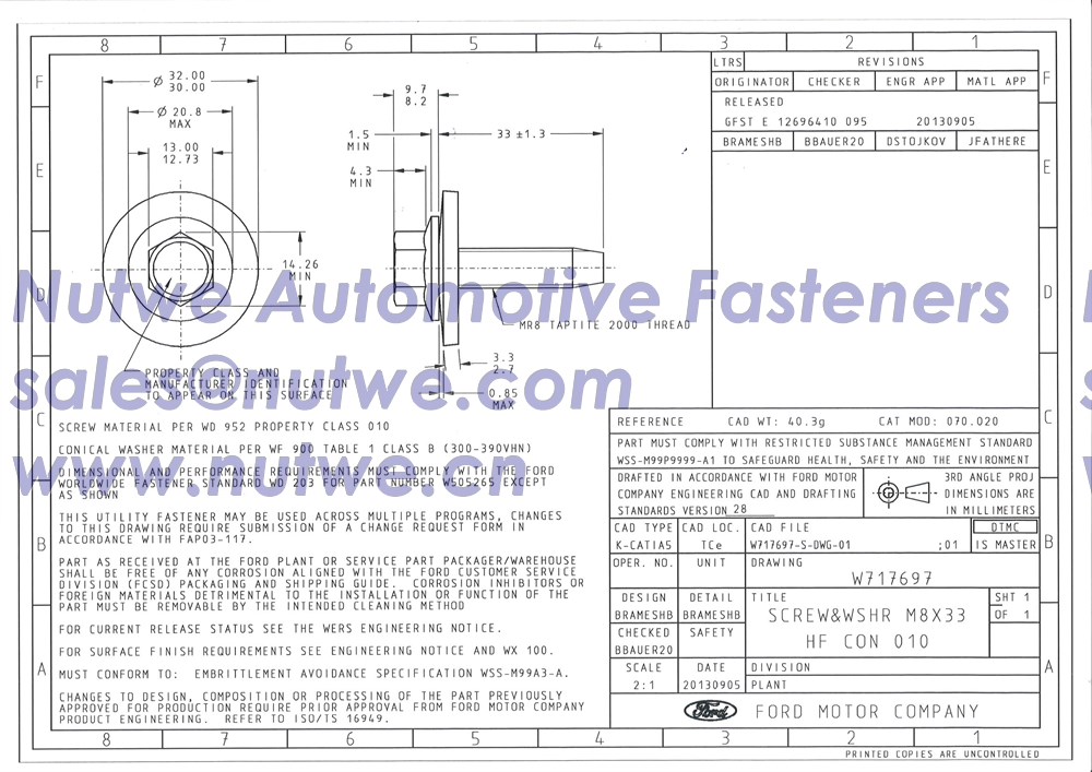 Ford W717697 Hex Flange Bolts With Washer Assembly Engineer Drawing and Technical Data Sheet