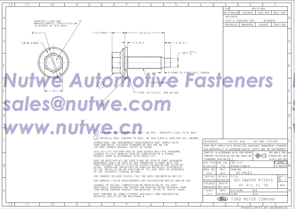 Ford W719462 六角法兰螺栓与垫圈组合件 图纸和技术参数