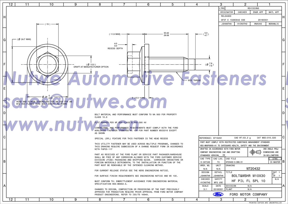 Ford W720432 Hex Flange Bolts With Washer Assembly Engineer Drawing and Technical Data Sheet