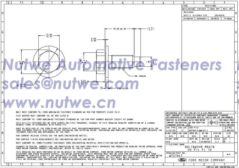 Ford W721947 六角螺栓与垫圈组合件 图纸和技术参数