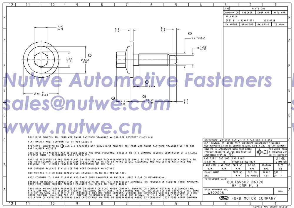 Ford W722098 六角法兰螺栓与垫圈组合件 图纸和技术参数