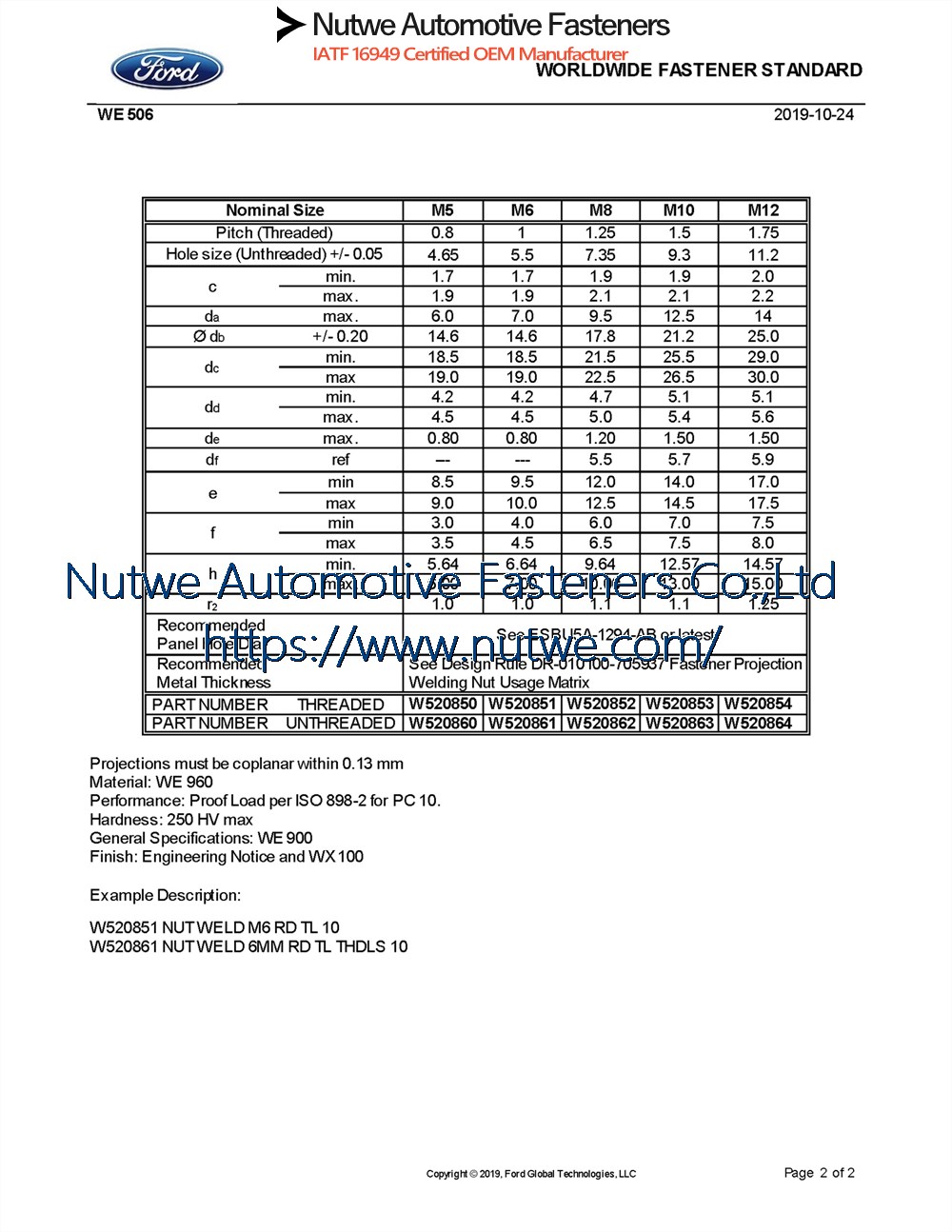 Ford W520854 Round Weld Nuts Engineer Drawing and Technical Data Sheet