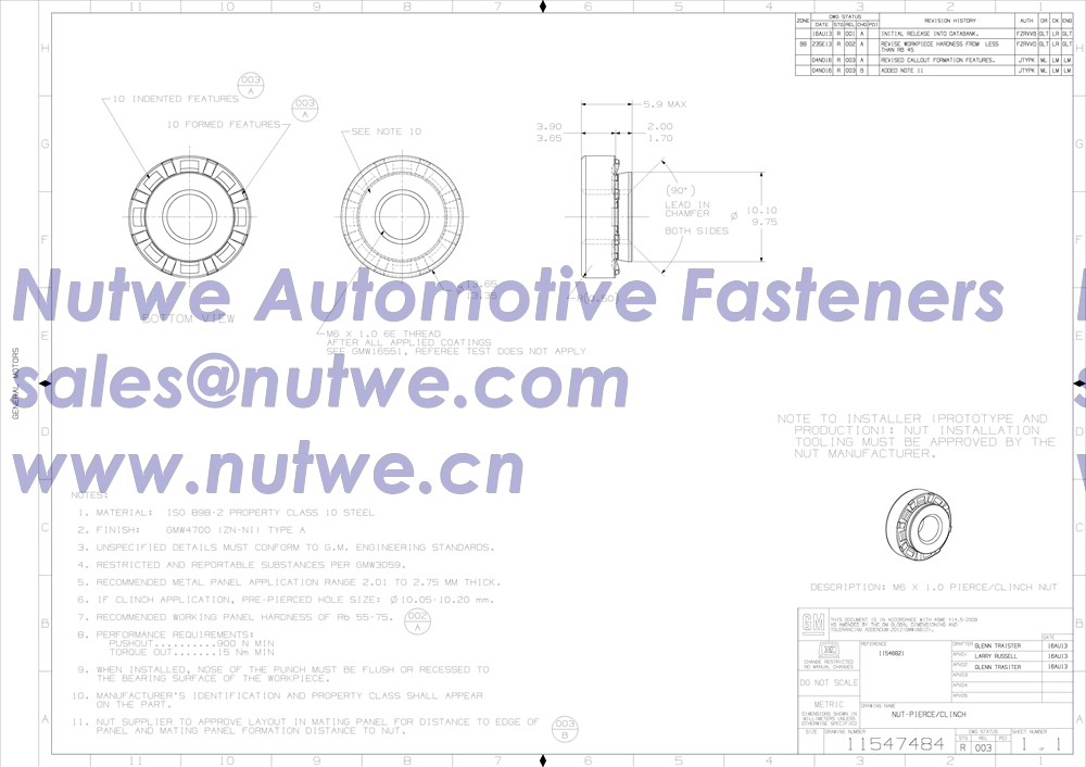 GM 11547484 Rivet Nuts, Clinch Nuts, Pierce Nuts Engineer Drawing and Technical Data Sheet