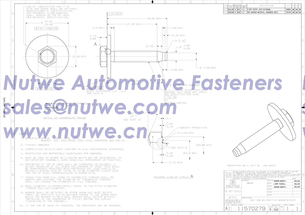 GM 11570279 Hex Bolt With Washer Assembly Engineer Drawing and Technical Data Sheet