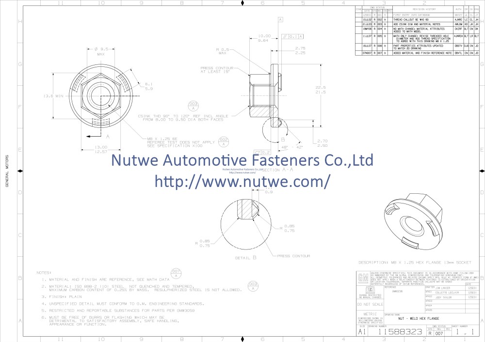 GM 11588323 六角法兰焊接螺母 图纸和技术参数
