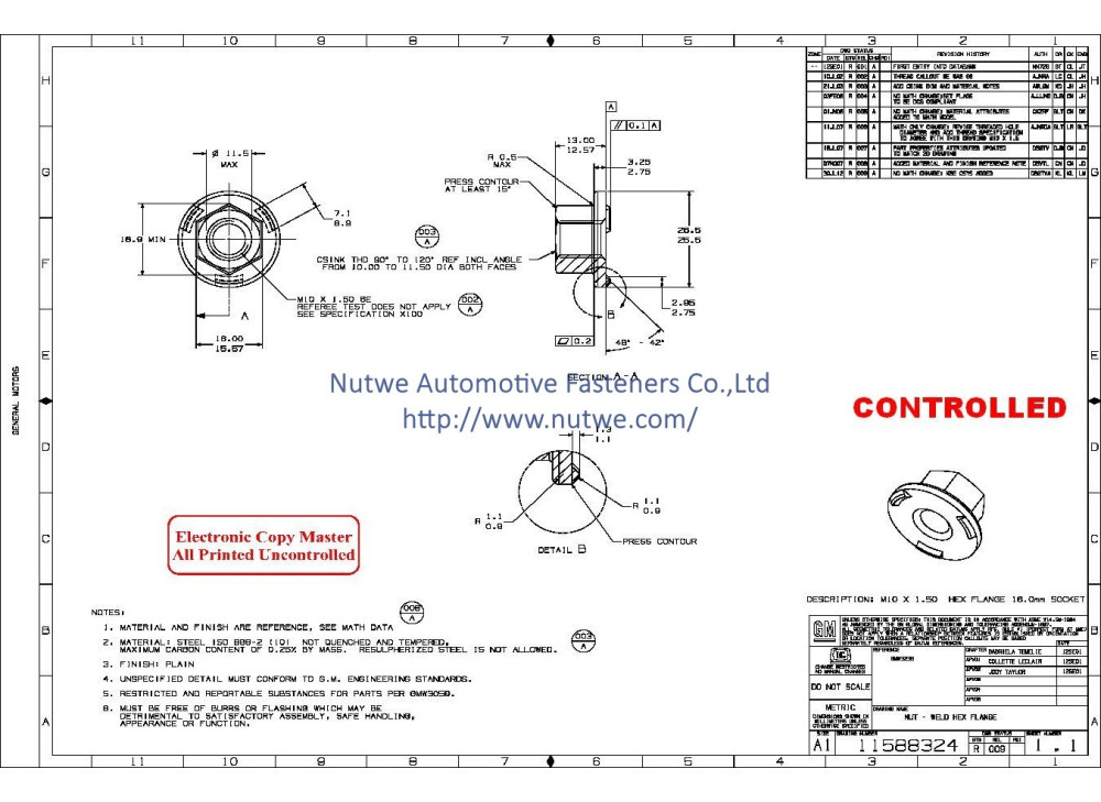 GM 11588324 Hexagon Flange Weld Nuts Engineer Drawing and Technical Data Sheet