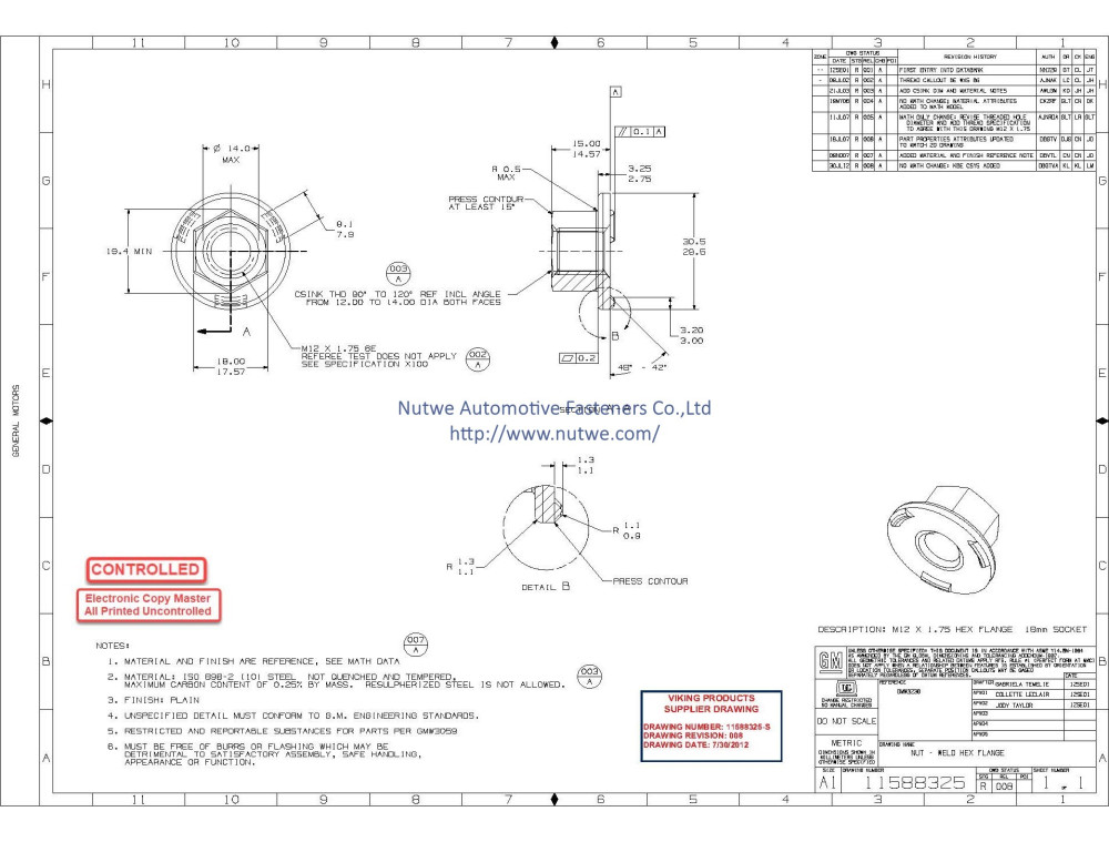 GM 11588325 Hexagon Flange Weld Nuts Engineer Drawing and Technical Data Sheet