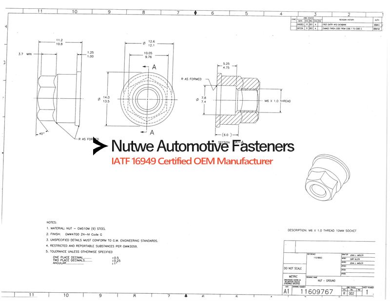 GM 11609767 Hexagon Flange Nuts Engineer Drawing and Technical Data Sheet