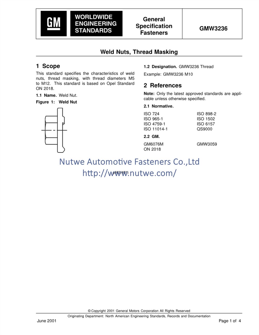 GMW3236 11900455 Hexagon Flange Weld Nuts Engineer Drawing and Technical Data Sheet