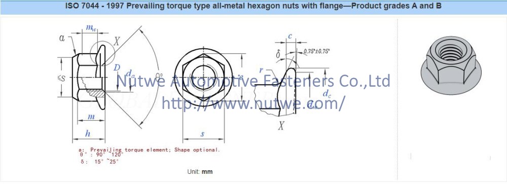 ISO 7044 Prevailing Torque Type All-Metal Hexagon Nuts With Flange Engineer Drawing and Technical Data Sheet