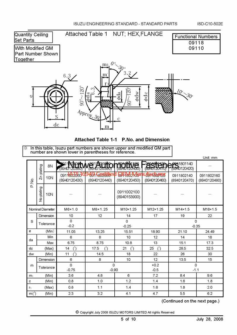 GM 8940120460 Hexagon Flange Nuts Engineer Drawing and Technical Data Sheet