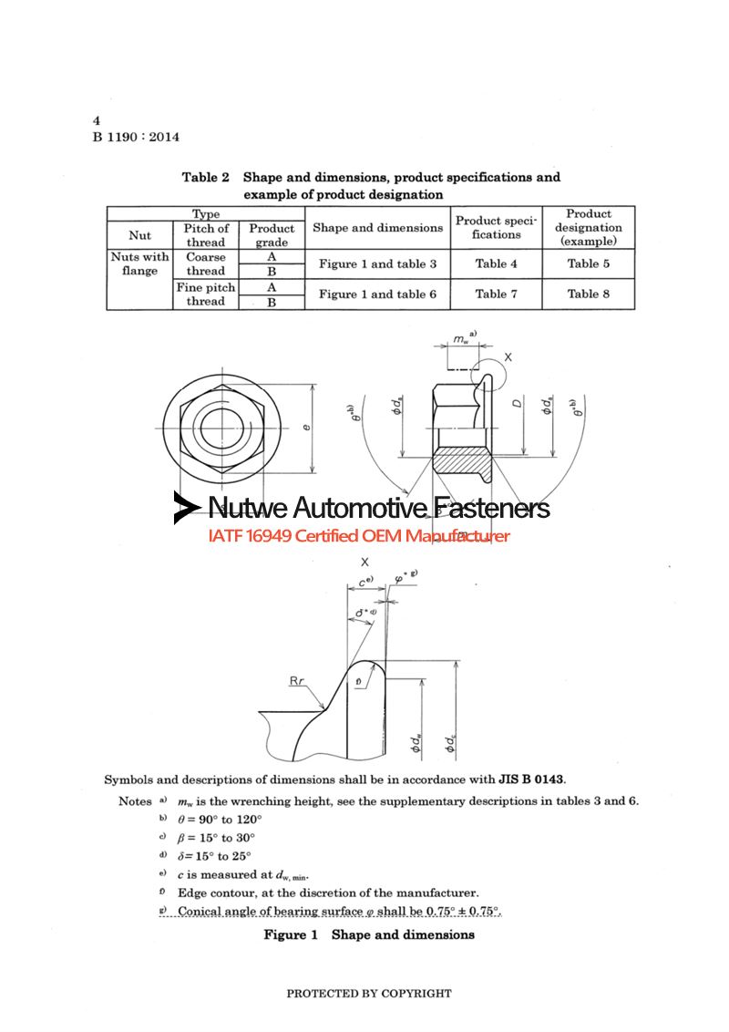 JIS B1190 Hexagon Flange Nuts Engineer Drawing and Technical Data Sheet