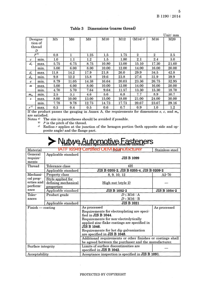 JIS B1190 六角法兰螺母 图纸和技术参数