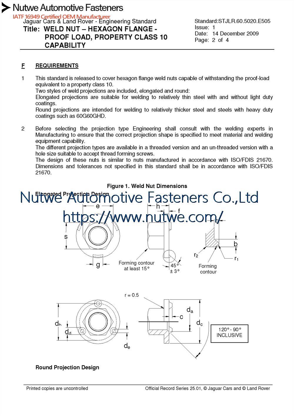 Jaguar E505 W582760 Engineer Drawing and Technical Data Sheet