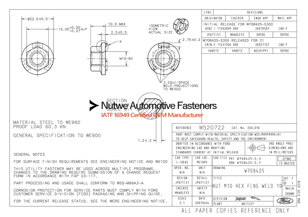 W708425 Hexagon Flange Weld Nuts Engineer Drawing and Technical Data Sheet