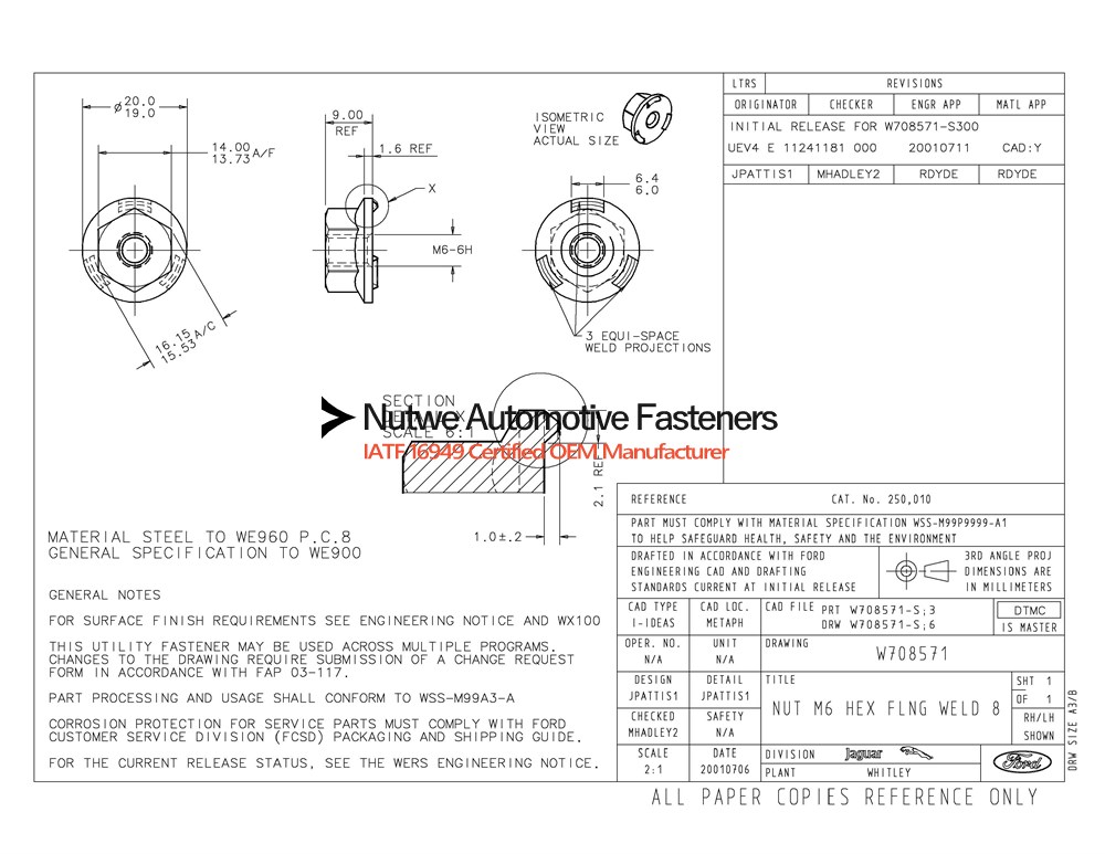 W708571 Hexagon Flange Weld Nuts Engineer Drawing and Technical Data Sheet