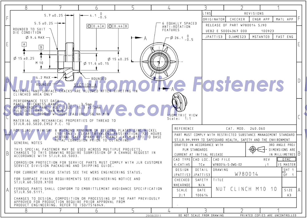 Jaguar W780014 Shoulder Pierce Nuts, Shoulder Clinch Nuts Engineer Drawing and Technical Data Sheet