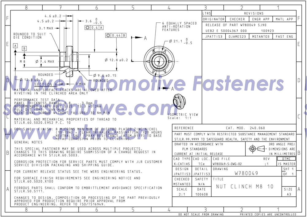 Jaguar W780049 Shoulder Pierce Nuts, Shoulder Clinch Nuts Engineer Drawing and Technical Data Sheet