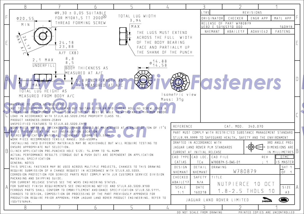 Jaguar W780879 Octagon Pierce Nuts, Octagon Clinch Nuts Engineer Drawing and Technical Data Sheet